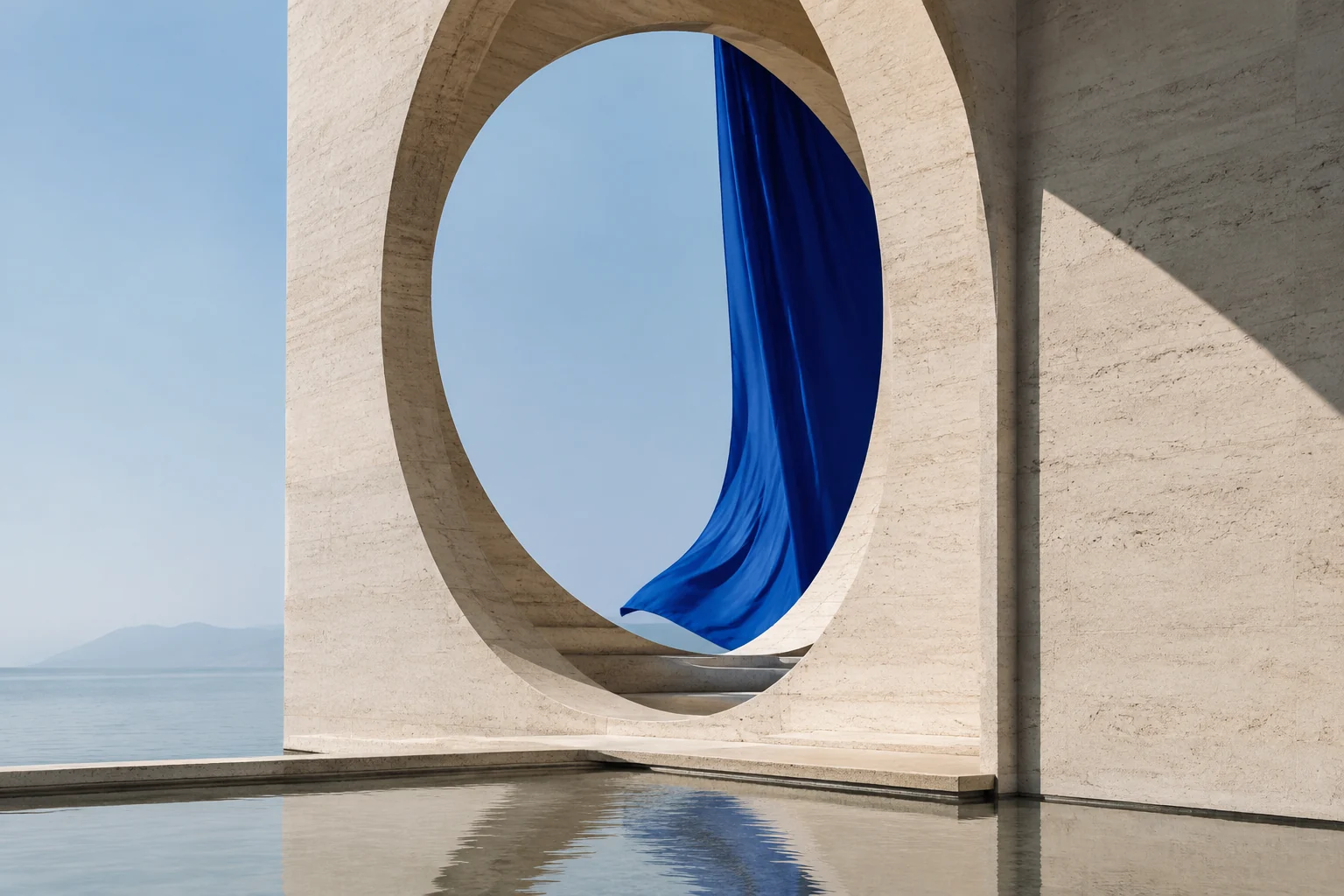 Sculptural coastal architecture with cobalt fabric