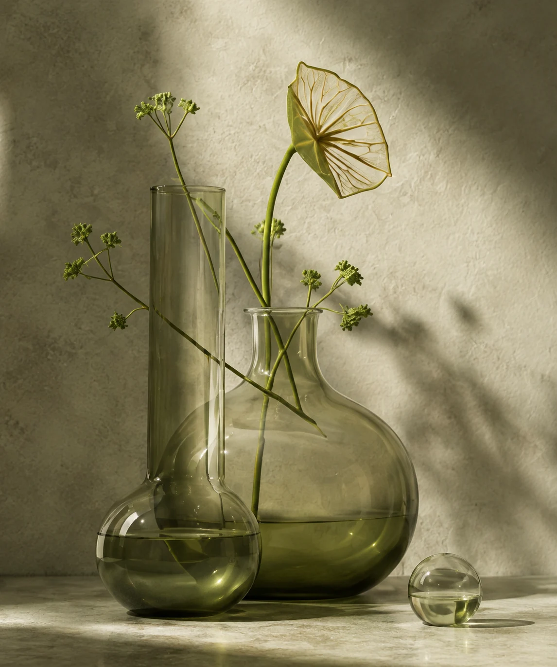 Olive glass vases in warm natural light