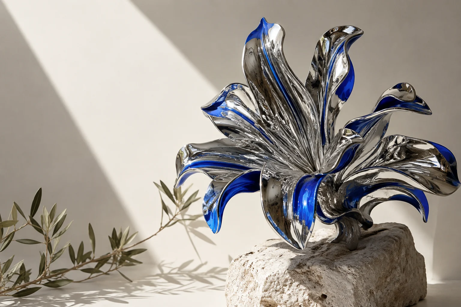 Sculptural chrome flower with cobalt reflections