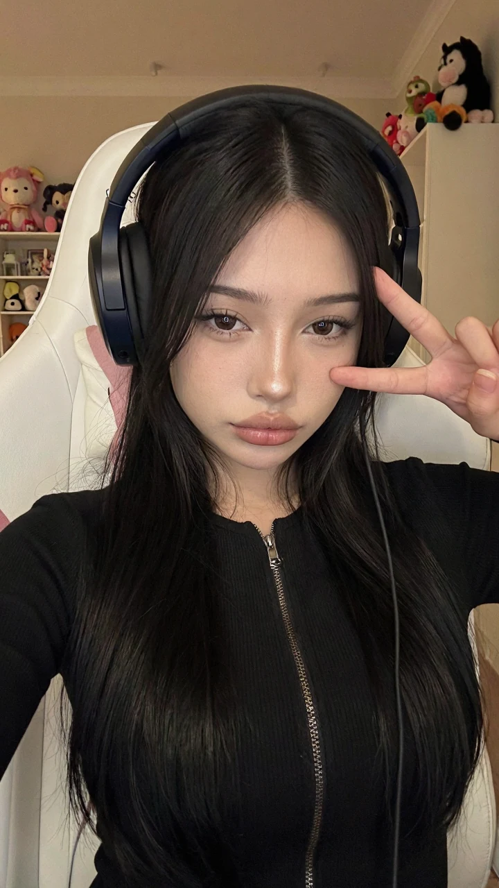The same LoRA character wearing headphones and making a peace sign