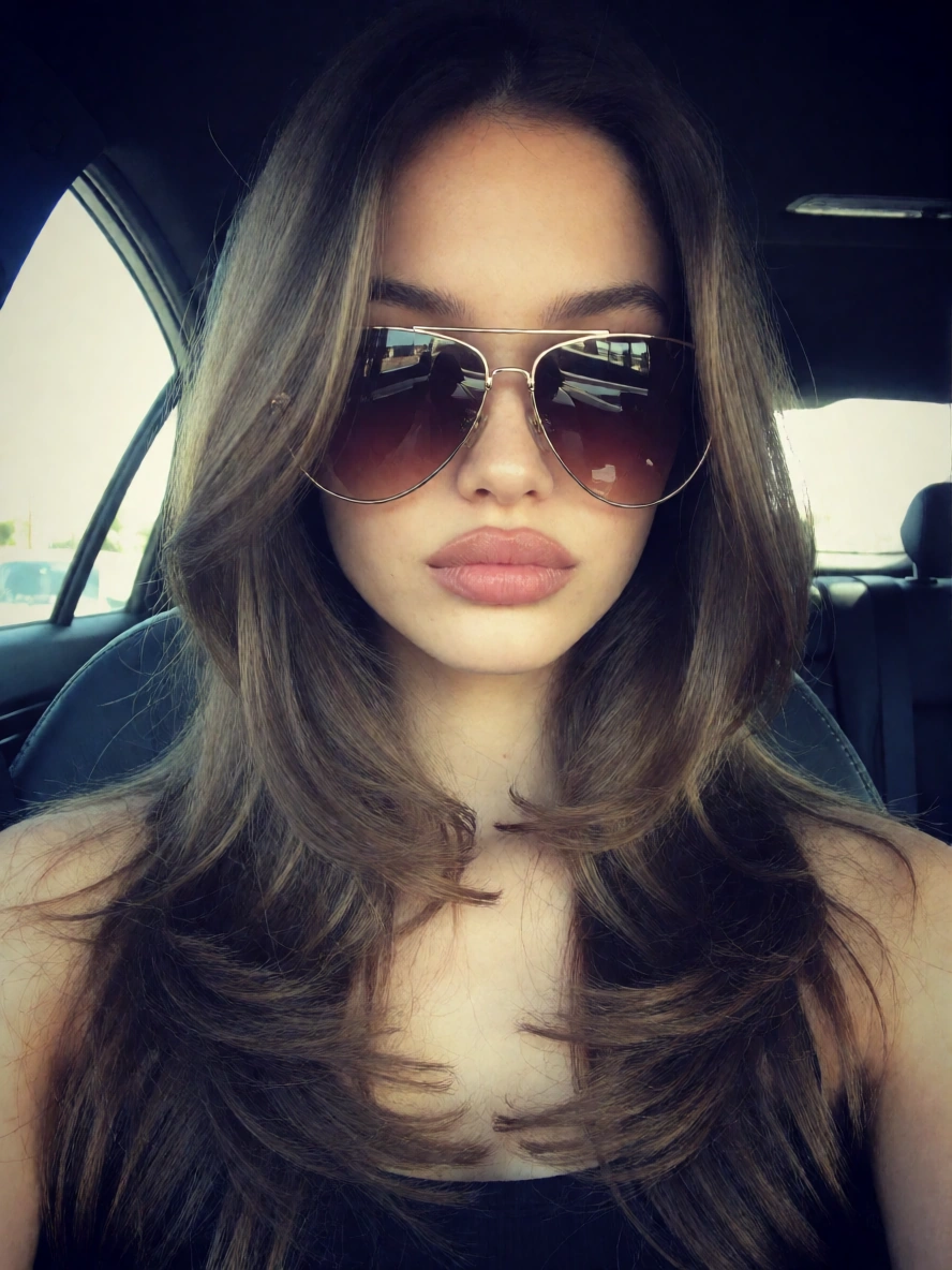 Soft-grain portrait in aviator sunglasses inside a car