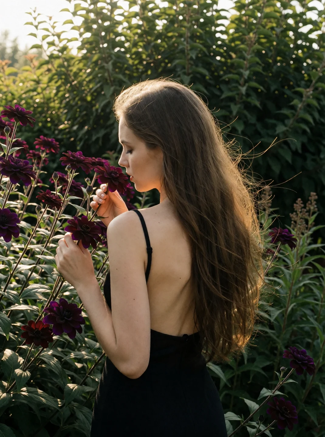 Woman among burgundy flowers in a sunlit garden